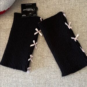 Black Knit Arm Warmers with Pink Bows